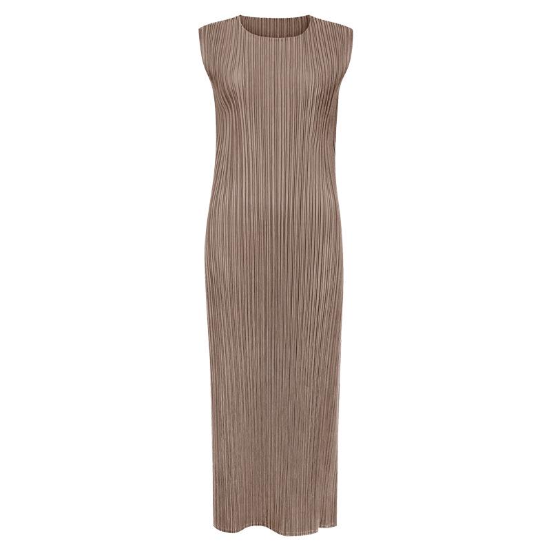 Miyake 2026 Summer Japanese Elegant Sleeveless Mid-Length Dress for Women One Size какао