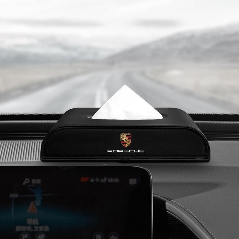 Leather Car Tissue Box Hanging Badge Paper Towel Bag Storage Auto Accessories For Porsche Cayenne Panamera Macan Boxster 911 Carrera-GT 928 944 918