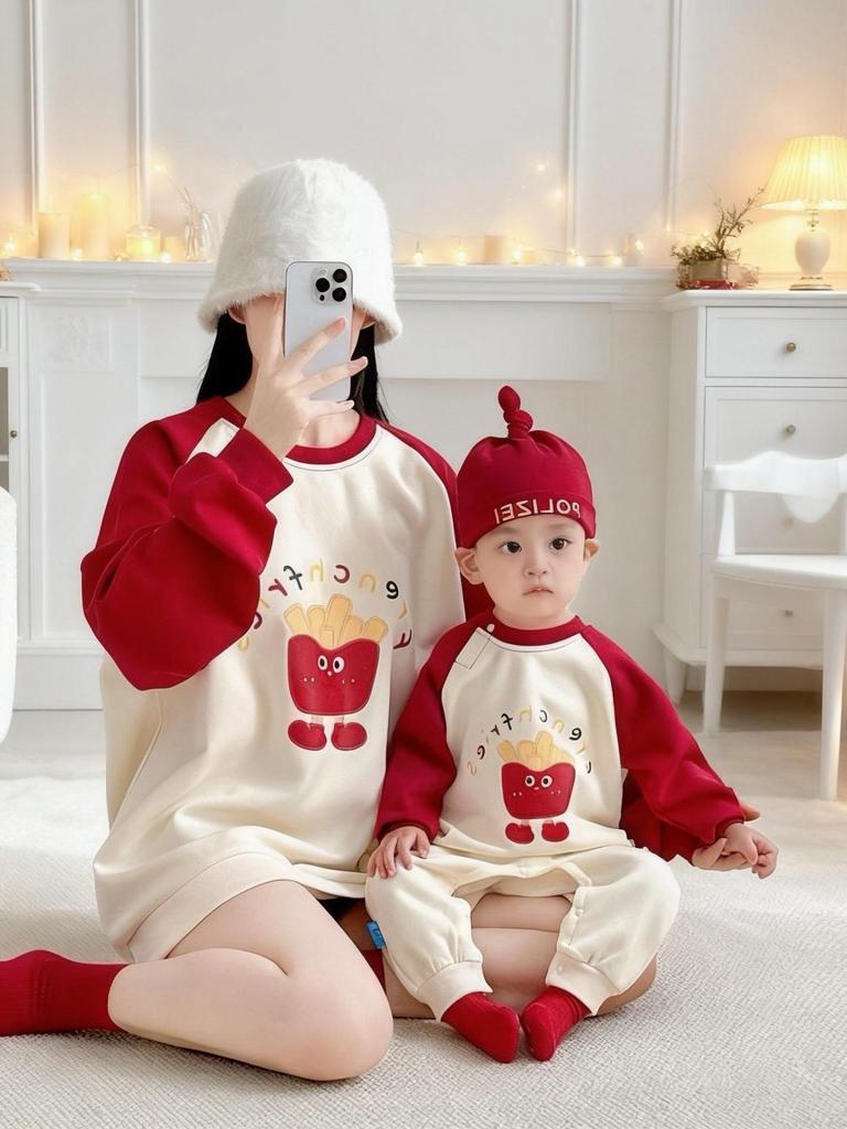 Hundred-Day Photo Family Outfits: Mother-Son, Mother-Daughter, Family of Four, Autumn-Winter Street Style Cartoon Sweatshirts