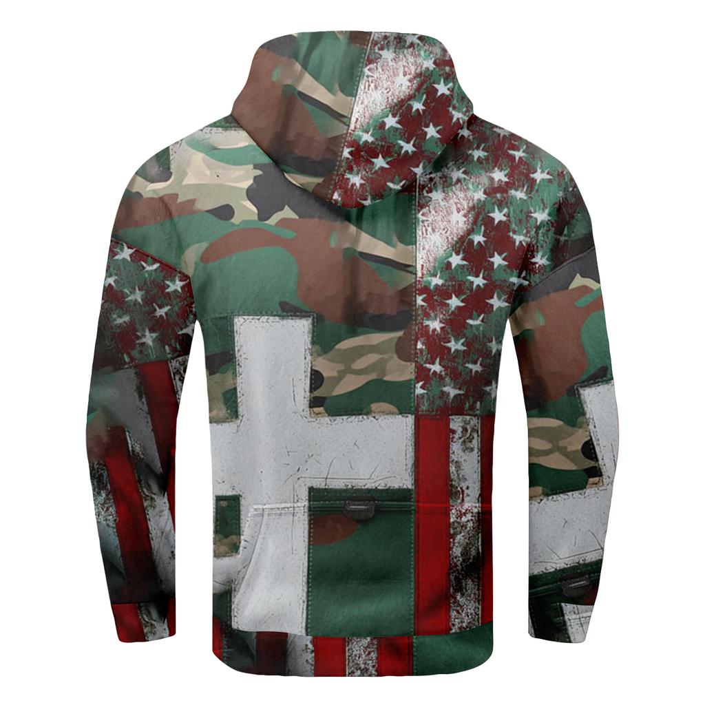 Men's Vintage Casual American Flag Cross Hoodie Patriotic Shirt