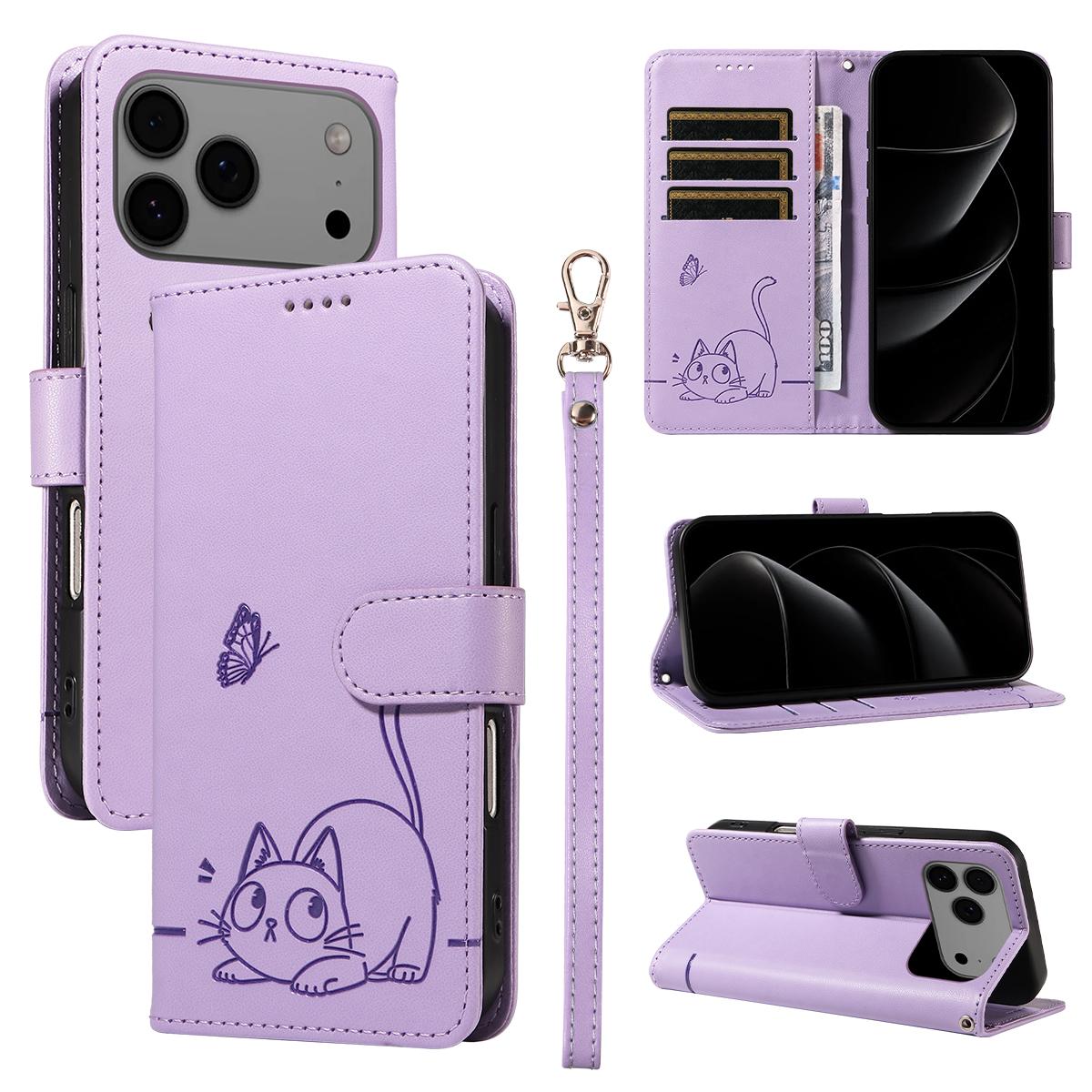 

For iPhone 17 Pro Max Case Cat Pattern Imprint Leather Phone Cover with Wrist Strap Purple