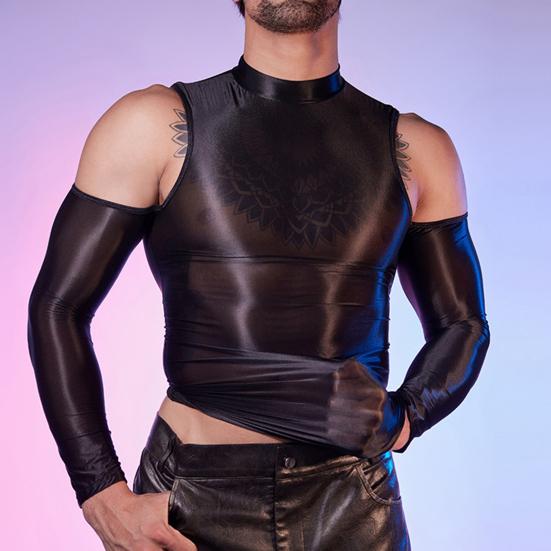 Sexy Men Glossy Shiny T-Shirt Smooth Breathable Top High Elastic Transparent See-Through Nightclub Skinny Tops