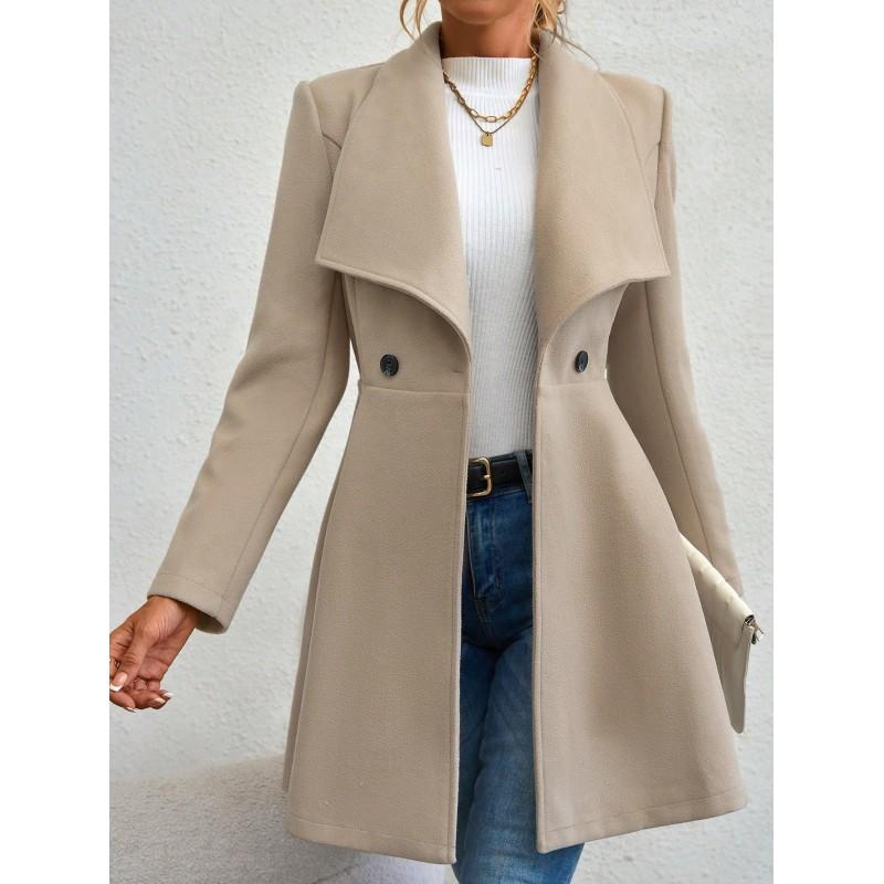 Womens Slim Fit Long Wool Blend Coat Winter Elegant Turn-Down Collar Outerwear