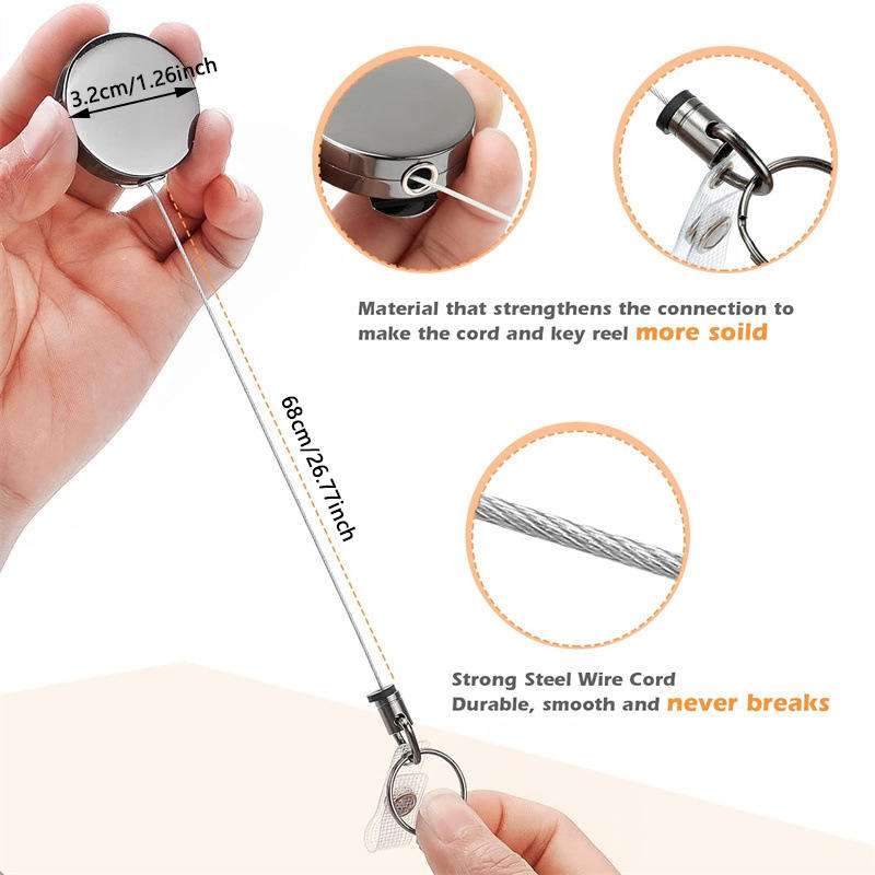Retractable Keychain Badge Reel Holders Metal Heavy Duty With Carabiner Belt Clip And Key Ring For ID Card Name Holder