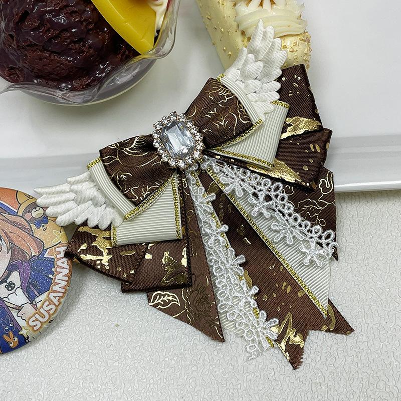 New Cosplay Anime Dance Bow Brooches for Women Fabric Lace Bowknot Crystal Shirt Dress Collar Pins Handmade Accessories