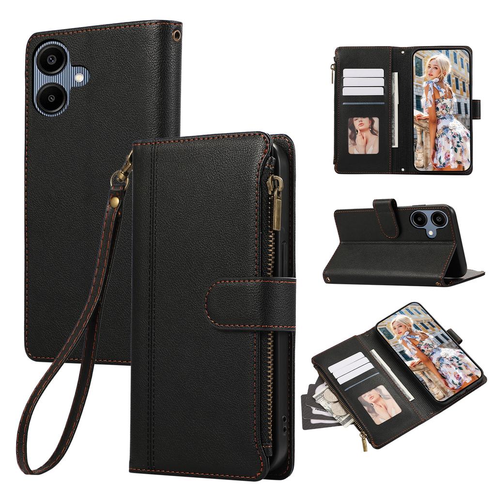 For Samsung Galaxy A06 4G Case Multi Card Slots Zipper Leather Phone Cover with Wrist Strap