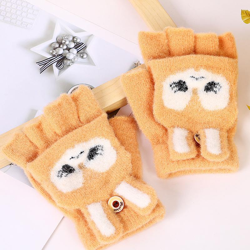 Winter Cartoon Rabbit Kids' Convertible Fingerless Fleece-Lined Gloves for Warmth and Writing.