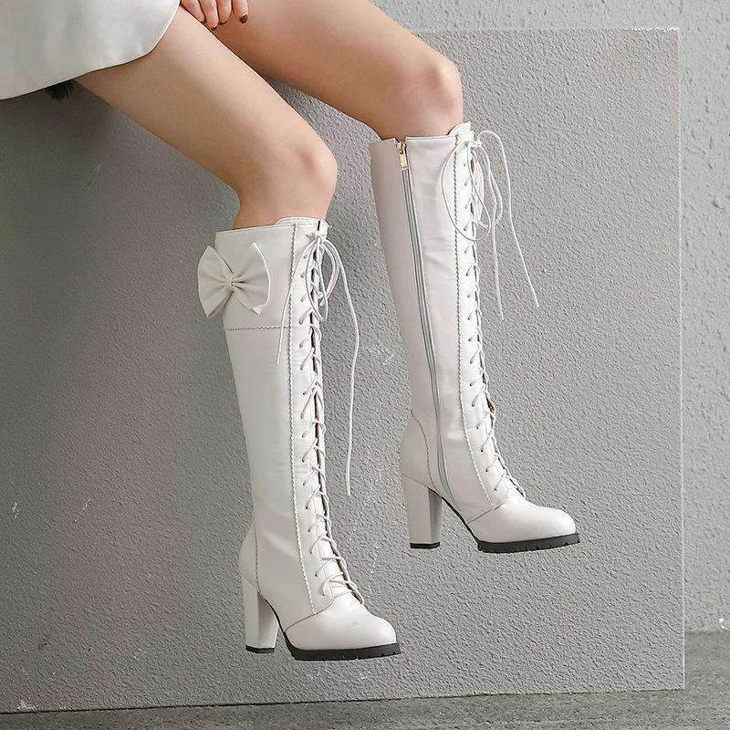 Fashion Girls Lolita Knee High Boots Female Chunky Heel Winter Shoes Lace Up Bow Japanese JK Uniform Cosplay Princess Party Shoe