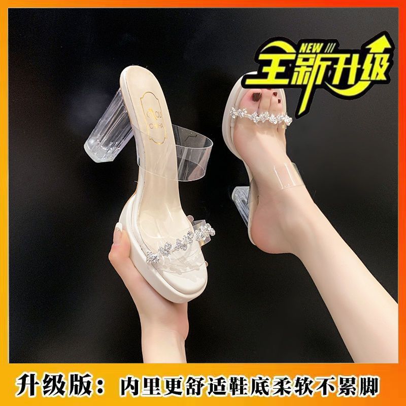 Popular fashion high heels women's one-word drag wear summer year crystal cool slippers high sense