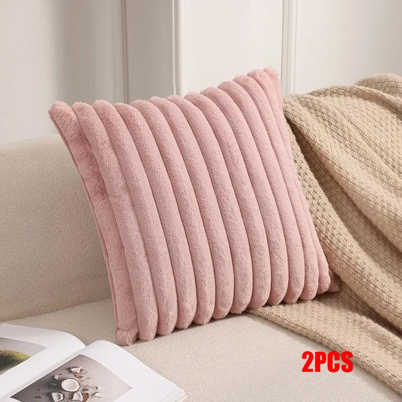 2Pcs Faux Rabbit Fur Cushion Cover Plush Pillow Cover Soft Fluffy Striped Cushion Cover  Luxury Home Decor for Sofa