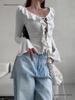 European & American V-neck Lace-up Ruffle Bell Sleeve Top