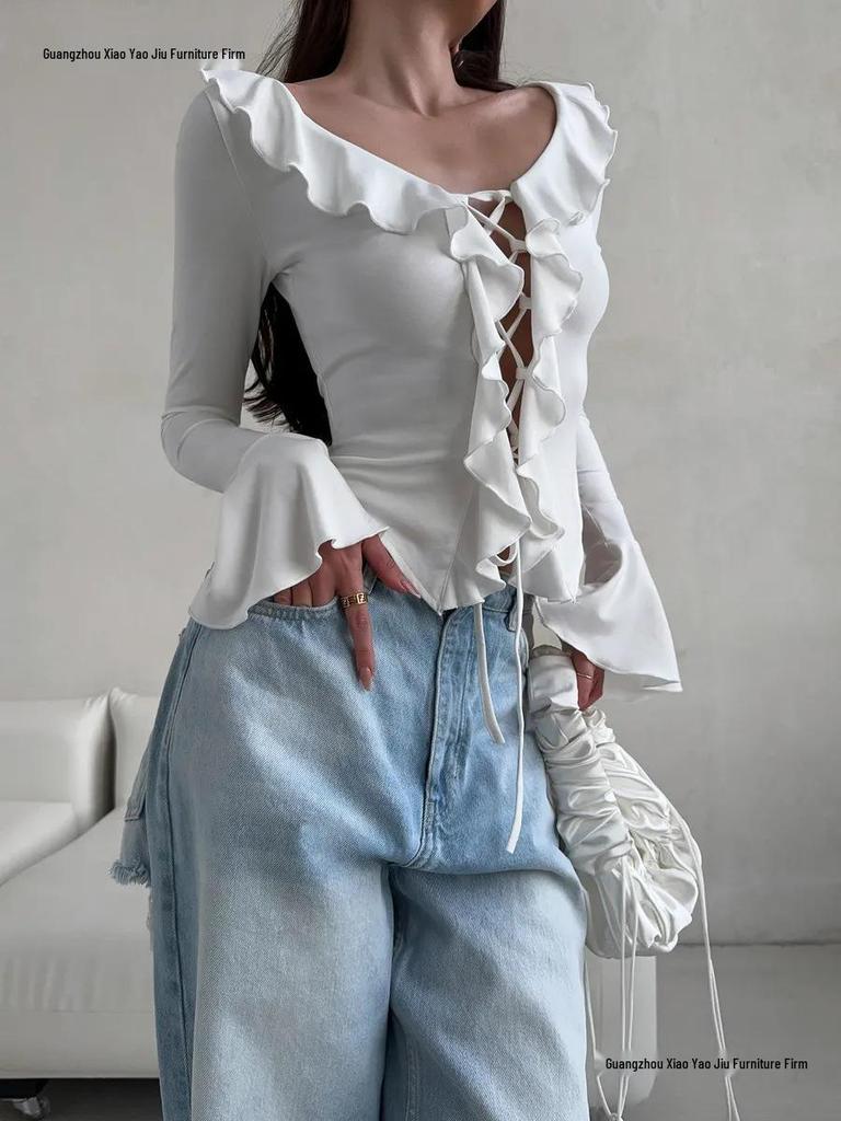 European & American V-neck Lace-up Ruffle Bell Sleeve Top