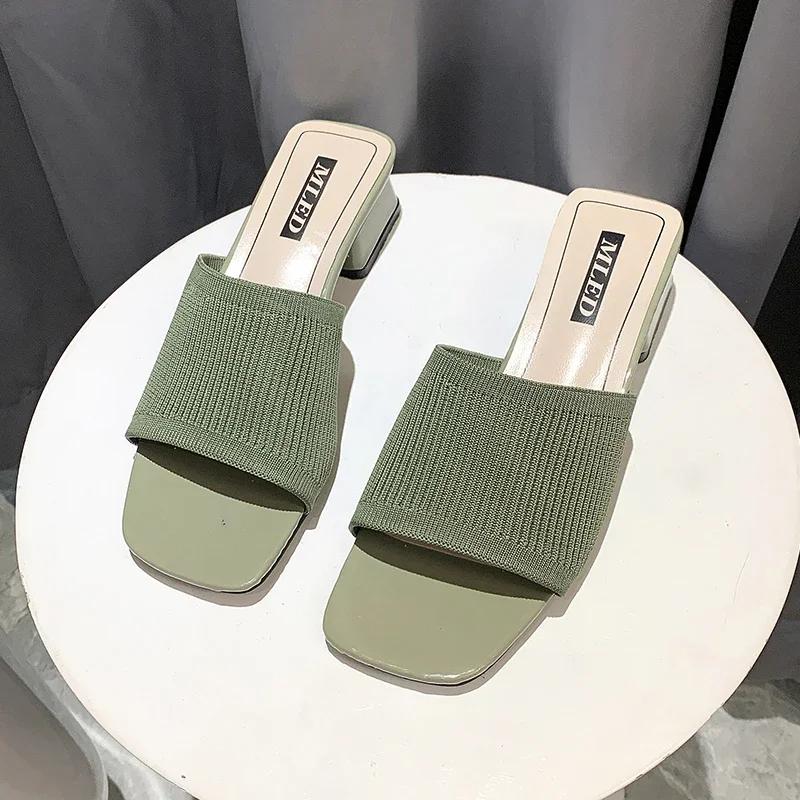 Fashion Comemore Fashion Knitted Stretch Open Toe Thick Heel Sandals Outdoor Casual Comfortable Elegant Women's Shoes Slippers Summer 40