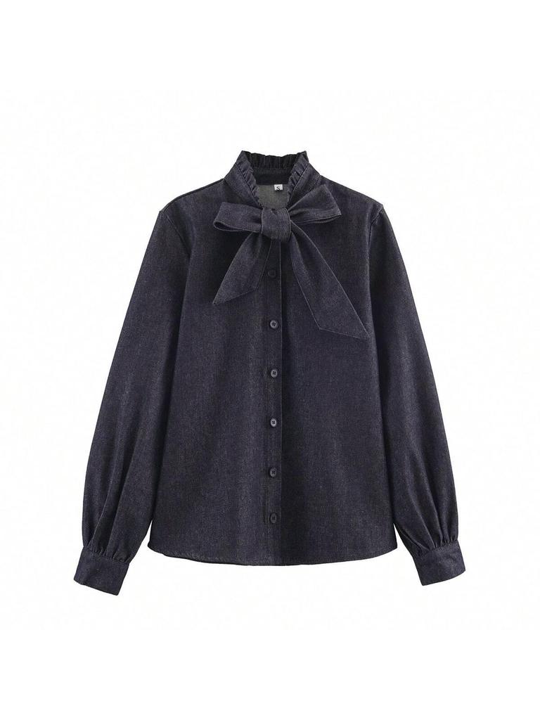Women's Versatile Bow-Accent Long Sleeve Denim Shirt
