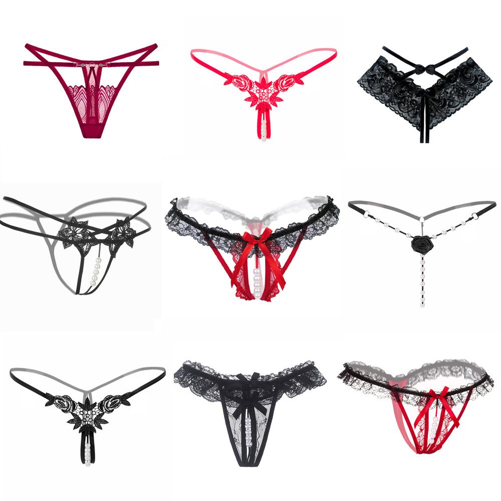 Sexy G-string T Panties Female Underwear Lace Thongs Women's Pants Sexy Pearl Panties Erotic Women Crotchless Panties Plus Size