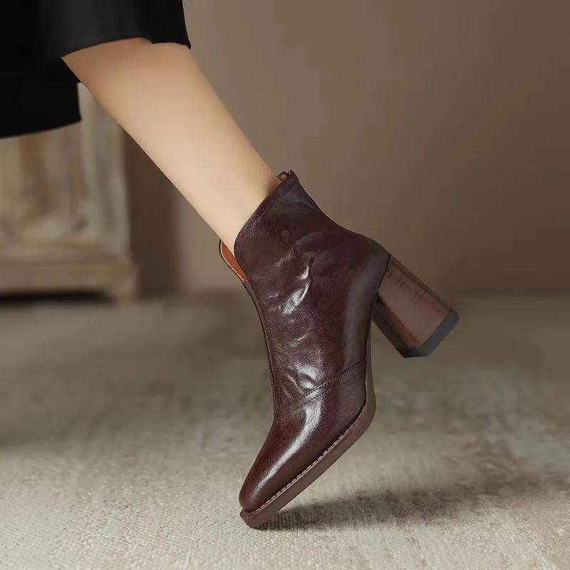 Fashion New Style Luxury Leather Women's Ankle Boots Plush Warm Zipper Close Modern Boots High Heels Shoes Woman's Boots