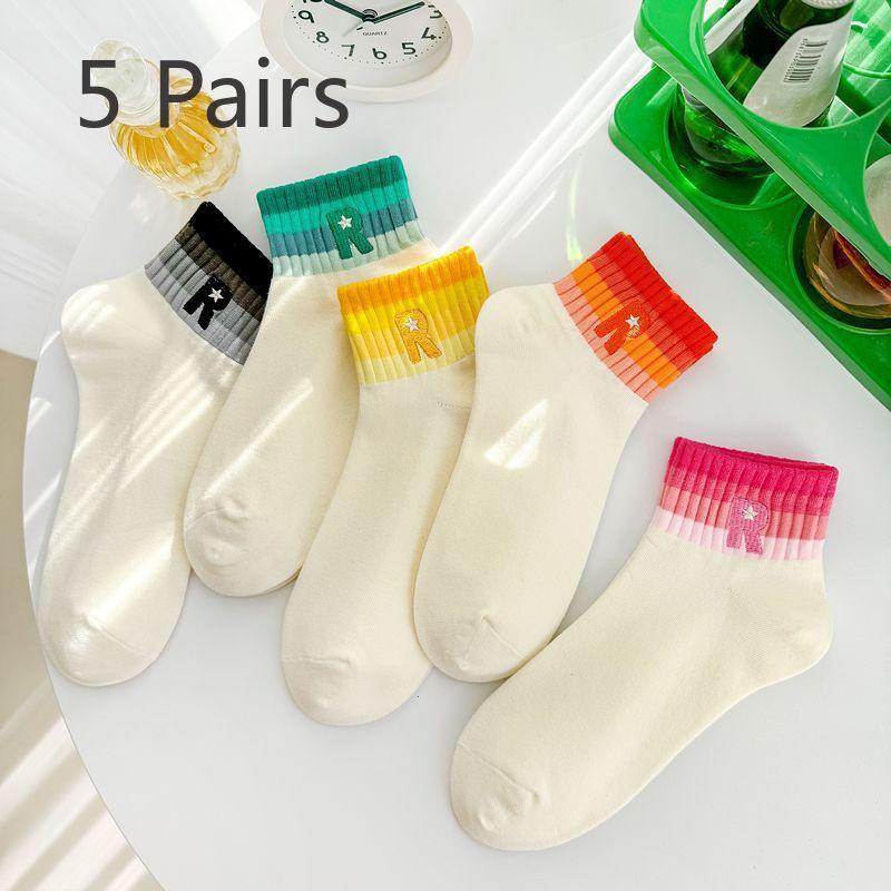 

5 пар женских весенне-летних носков с радужными буквами, удобных, дышащих, в стиле преппи 5 pairs
