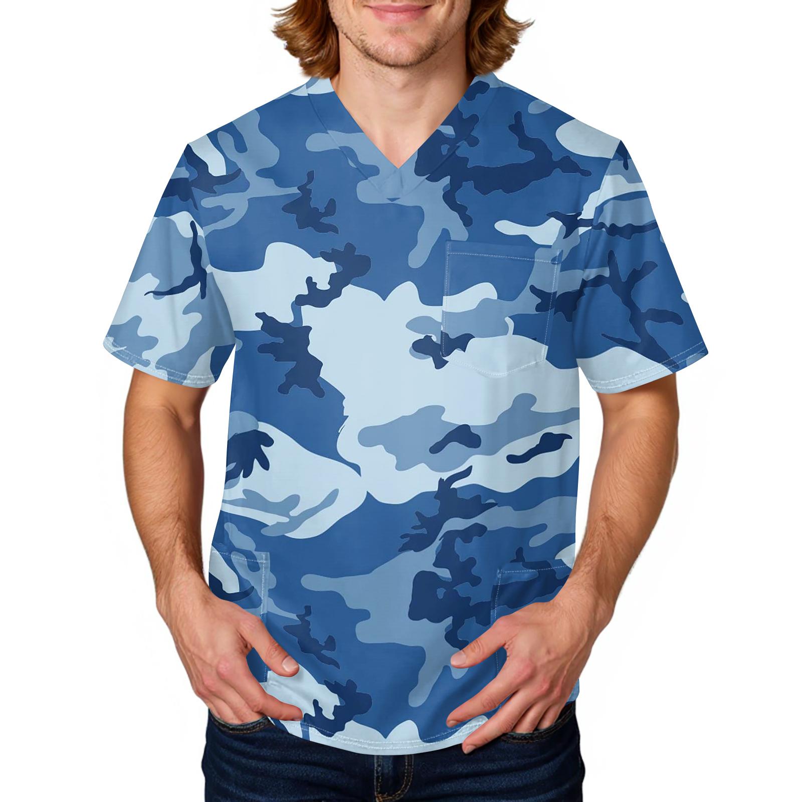 

Unisex Short Sleeve V Neck Scrub Top with Camouflage Print Two Patch Pockets Lightweight Breathable Fabric Design L