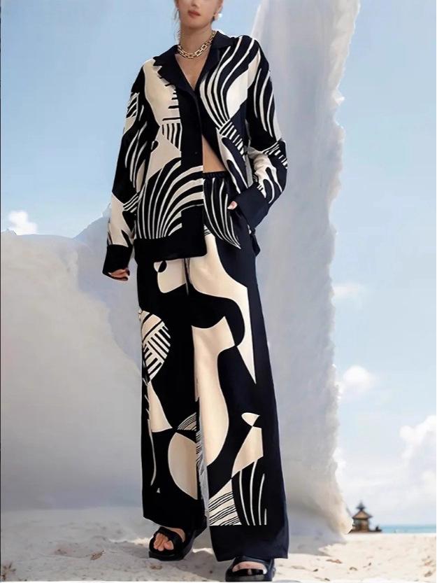 2024 Autumn Elegant Women's Trendy Print Long Sleeve Top and Pants Set