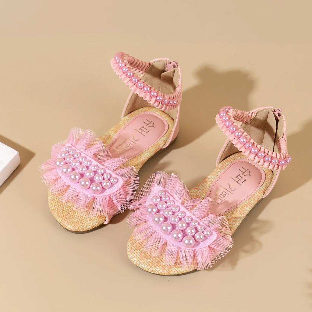 Scarpe Estive Piatte da Bambina con Rete e Perle Sandali Principessa per Bambini con Zip Posteriore Scarpe da Spiaggia per Bambina per Vacanze Suola Morbida Comode