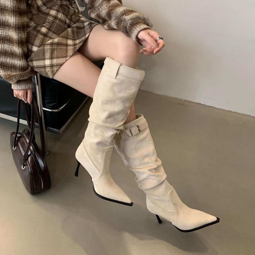 Autumn and winter versatile and thin piled boots pointed thin heels high heels women's knee boots