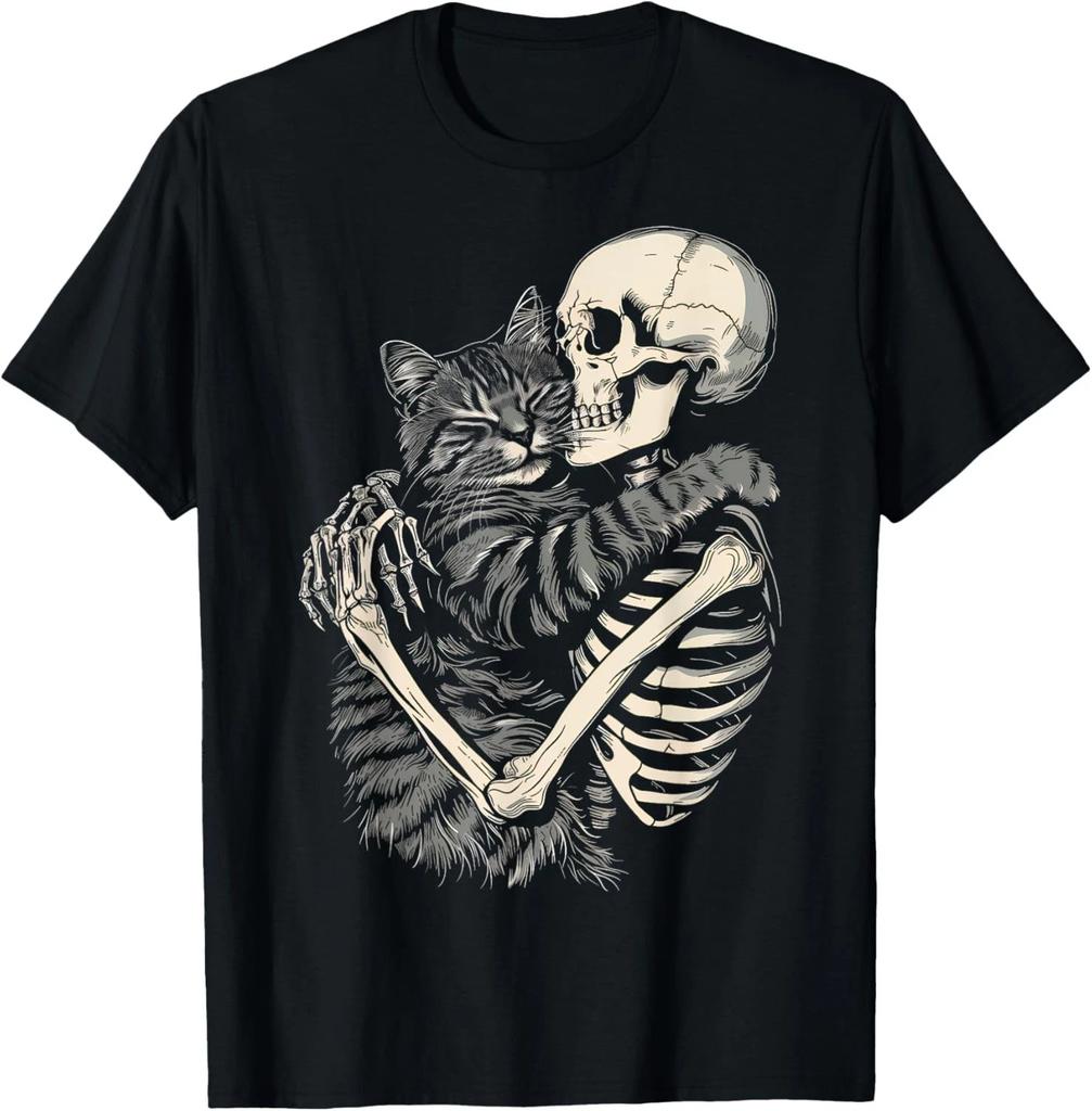 Skeleton Hugging Cat Halloween Cat Lover Cat Mom Dad T- Shirt