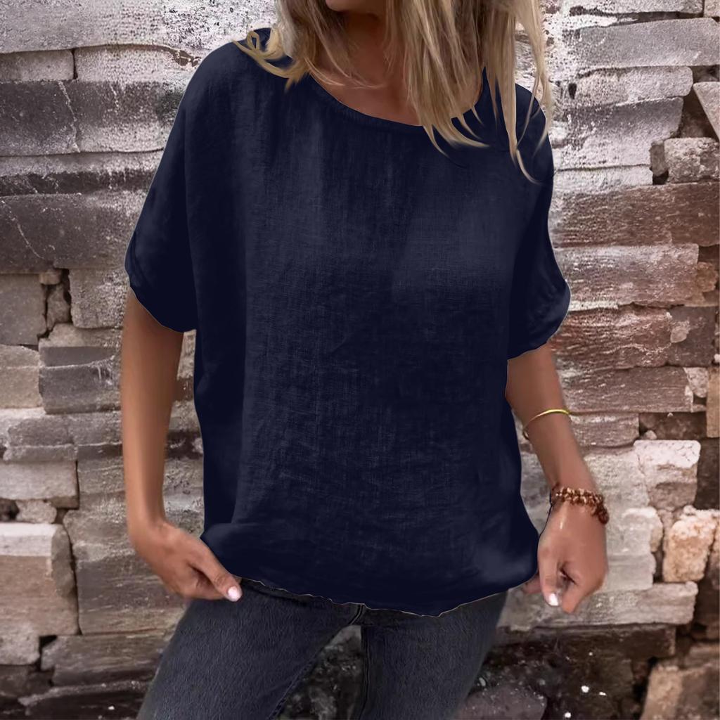 Damen Neu Rundhals Mittellange Ärmel Baumwolle Leinen Locker T-Shirt Top