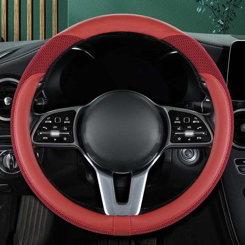 Car Steering Wheel Cover Premium Leather Stitched with Breathable Mesh Fabric FIt for 14.5-15 Inch All Seasons Universal