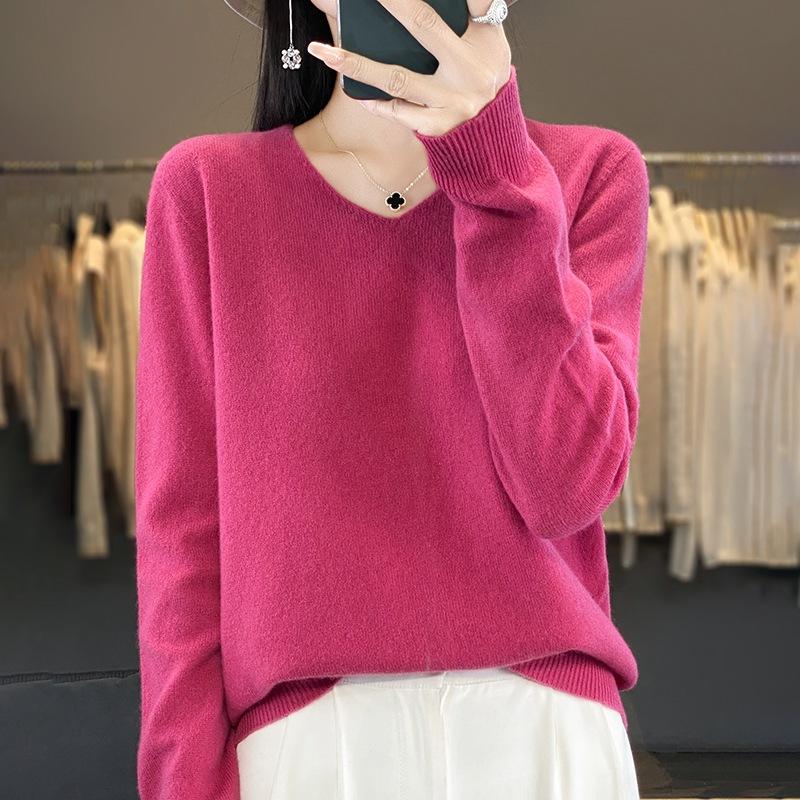 

Autumn and winter new V-neck long-sleeved knitted sweater women s top loose and thin bottoming sweater wholesale XXL