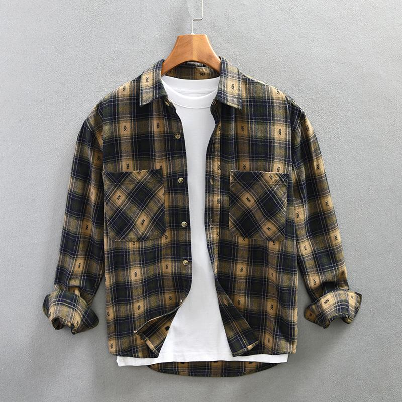 Spring/autumn Shirts for Men Retro Style Plaid Loose Shirt with Double Pockets Lapel Collar Pure Cotton Men's Casual Shirt Youth Overshirt