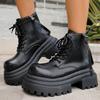 Fashion British Style Pu Leather Boots Women High Heel Chunky Platform Ankle Boots Woman Fashion Lace Up Zipper Up Booties Ladies