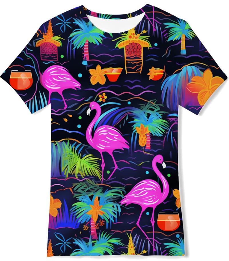 Summer Round Neck 3D Flamingo Pattern Print Top Fashionable Casual Short Sleeved Men's T-shirts