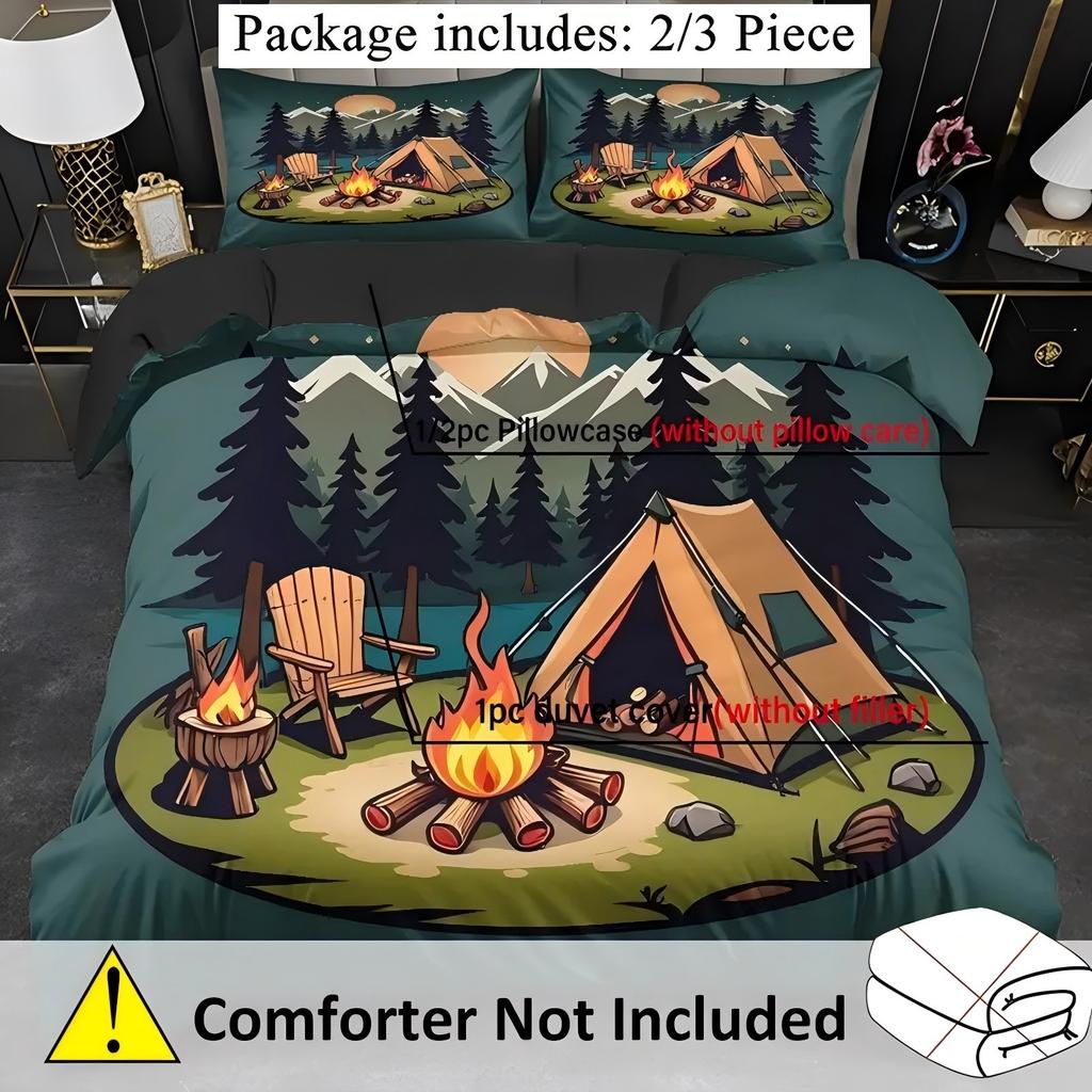 Cartoon Camping Tent Bonfire Pattern Quilt Cover Retro Style Bedding Cover Pillowcase Luxury Home Textiles Soft Duvet Cover Set
