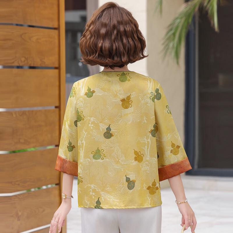 ROMON New Chinese Style Floral Print 3/4 Sleeve Button-Up Cardigan for Women