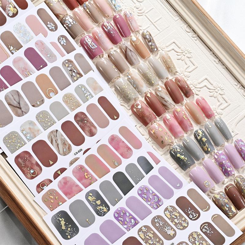 14 Tips/sheet Women Girls Full Cover Self-adhesive Nail Polish Stickers Baking Free Marble, Shell Pattern Nail Wrap Decals Decor