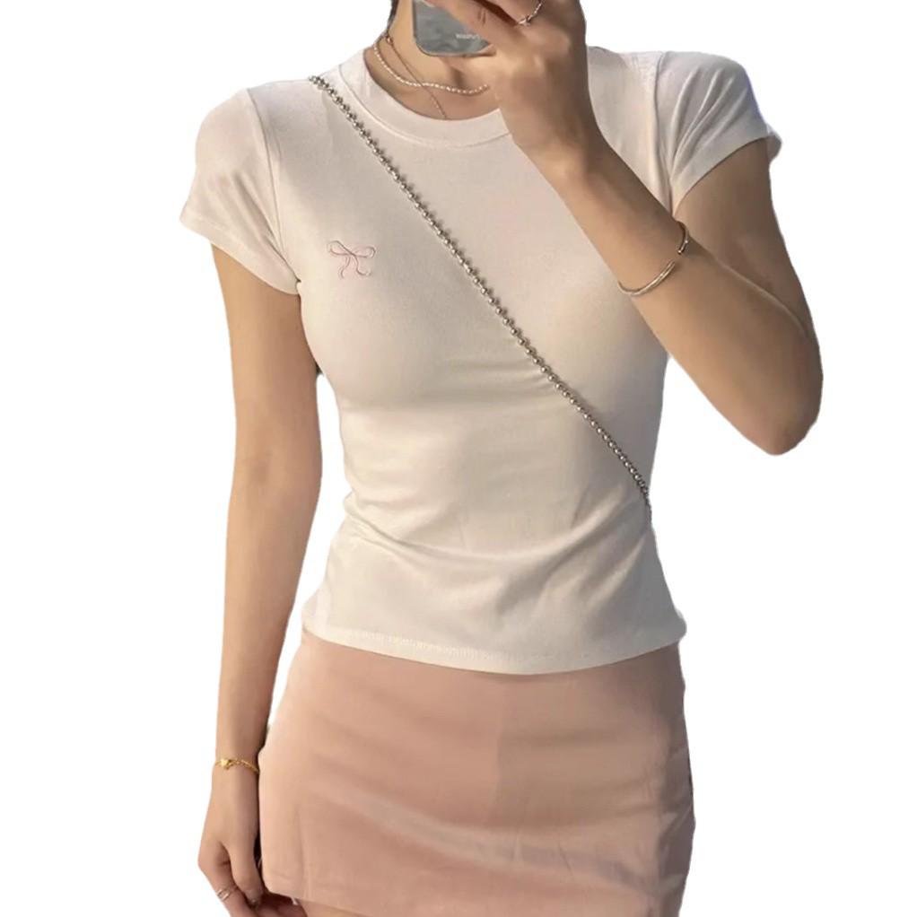 Korean Style Color Block Slim Fit T-Shirt with Bow Neck and Embroidery