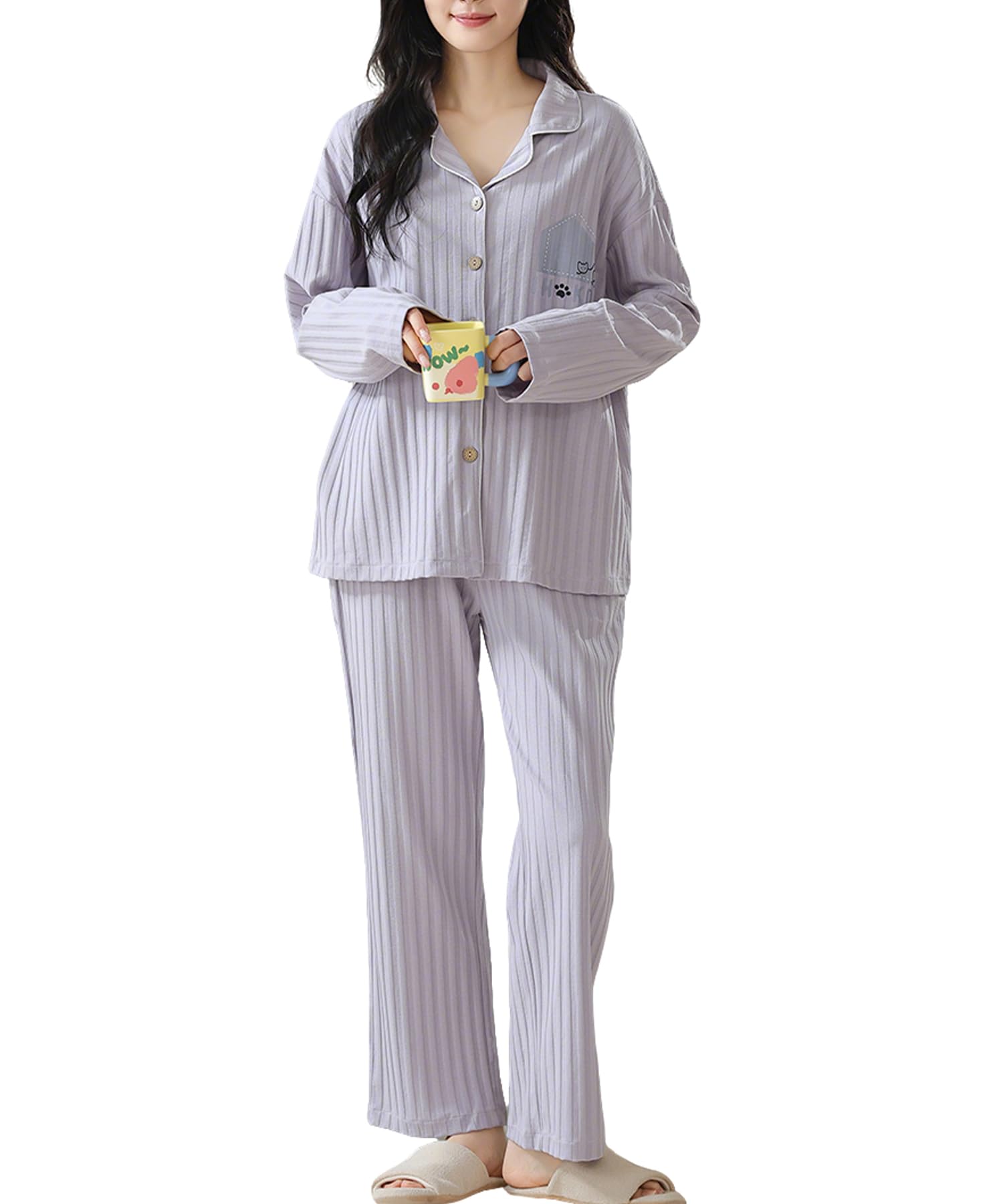 

PHOLEEY Long Sleeve Pajama Cute Loose Women s Open-Front Set, Loungewear, 100% Cotton, Comfortable, Soft, Breathable, Fit, Stylish, Spring/Autumn