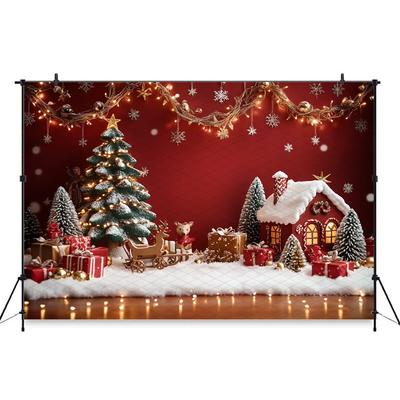 Mocsicka Christmas Background Photography Winter Snow Tree Red Wall House Decorations New Year Party Child Photo Backdrop Banner