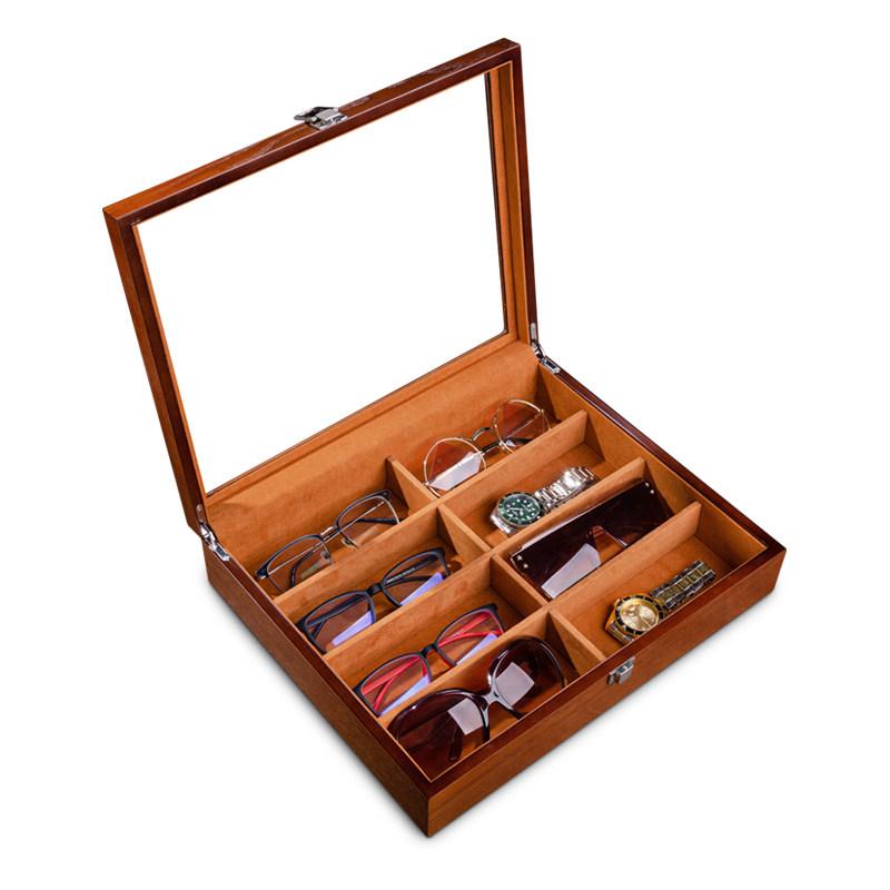 Walnut Wooden Glasses Case, Large Capacity Sunglasses & Watch Storage Box with Display Window for Travel and Home