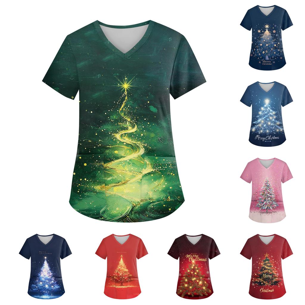 Women's V-neck Christmas Print Short-sleeved Pocket Side Slit Uniform Top