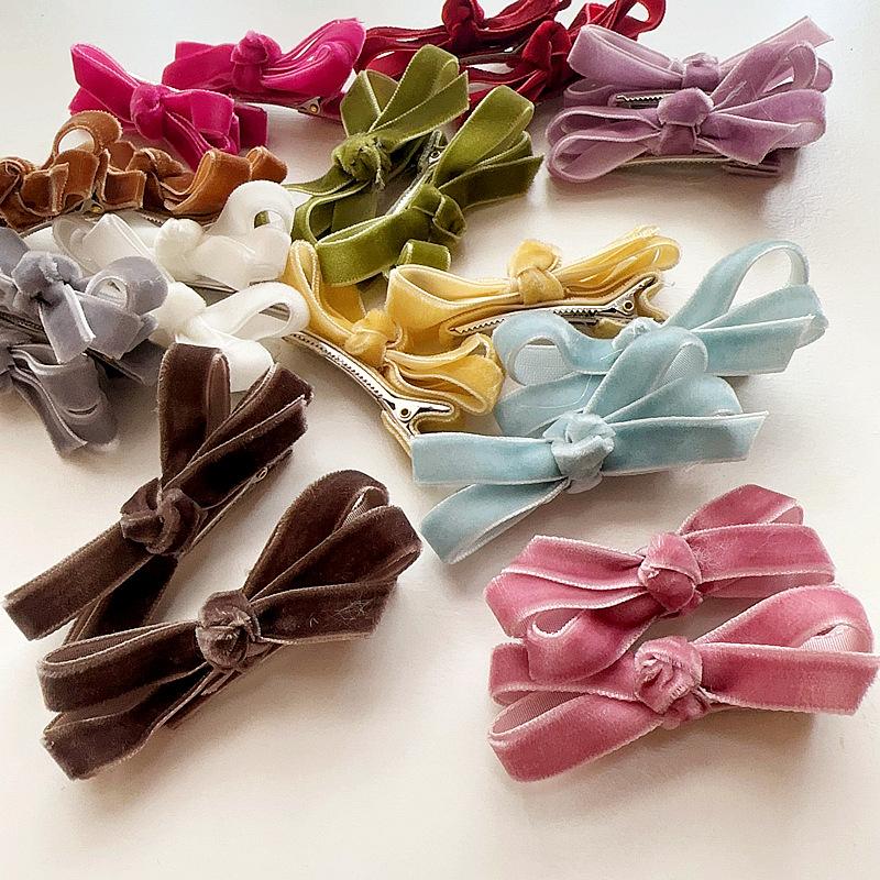 European-style Simple and Sweet Candy-colored Velvet Bow Tie Children's Cute Matching Accessories with Side Clips and Hair Clips