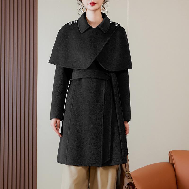 

Женское двустороннее шерстяное пальто-накидка в стиле Хепберн, весна 2025, средней длины, с поясом L for 113-125 pounds