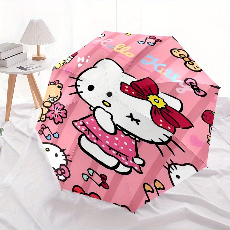 Hello Kitty,Pink Background Automatic Folding Umbrella-Simple 8-Rib Design, Bright Cartoon Pattern, Durable Iron Frame, Suitable For Travel,