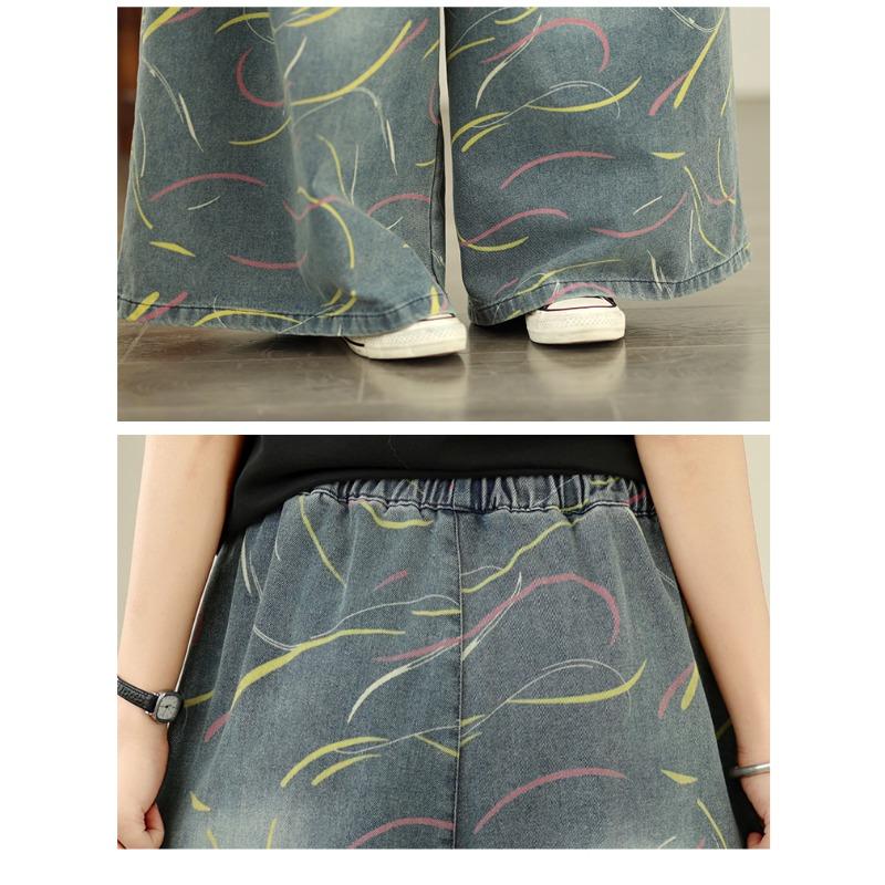 DIMANAF 2026 Summer New Plus Size Women Jeans Elastic Waist Long Pants Print Loose Casual Denim Cotton Trousers