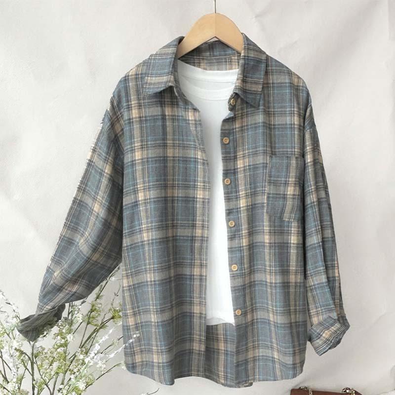Frühling und Herbst neues Retro-Langarm-Freizeithemd Koreanischer Temperament fauler Stil lockeres und dünnes Revers kariertes Hemd