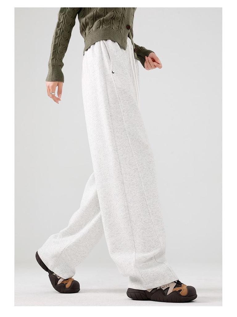 Pantalones de chándal grises de pierna ancha de cintura alta adelgazantes estilo americano para mujer - Primavera Engrosados con Felpa Ajuste Petite