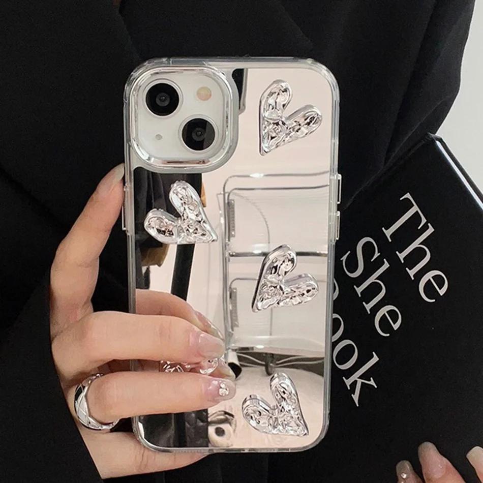 Shining Mirror 3D Heart Case for iPhone 11 12 13 14 15 Pro Max 7 8 Plus SE  15Pro X XR XS MAX Hard Shockproof Phone Cover
