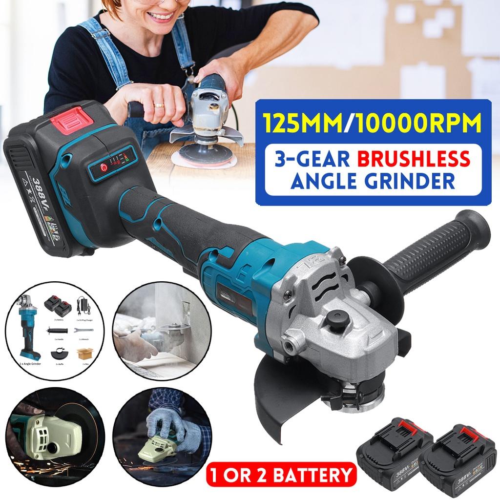 Brushless Cordless Electric Angle Grinder Machine 388VF 125mm Woodworking Power Tool with 1/2 Battery For 18V Battery 800W