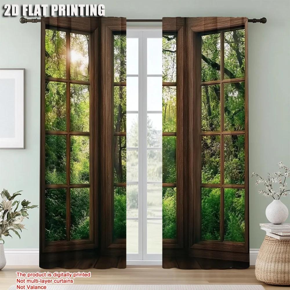 2Pcs Forest Scenery Printed Window Curtains Rod Pocket Decorative Window Drapes Window Treatments For Bedroom Living Room Home