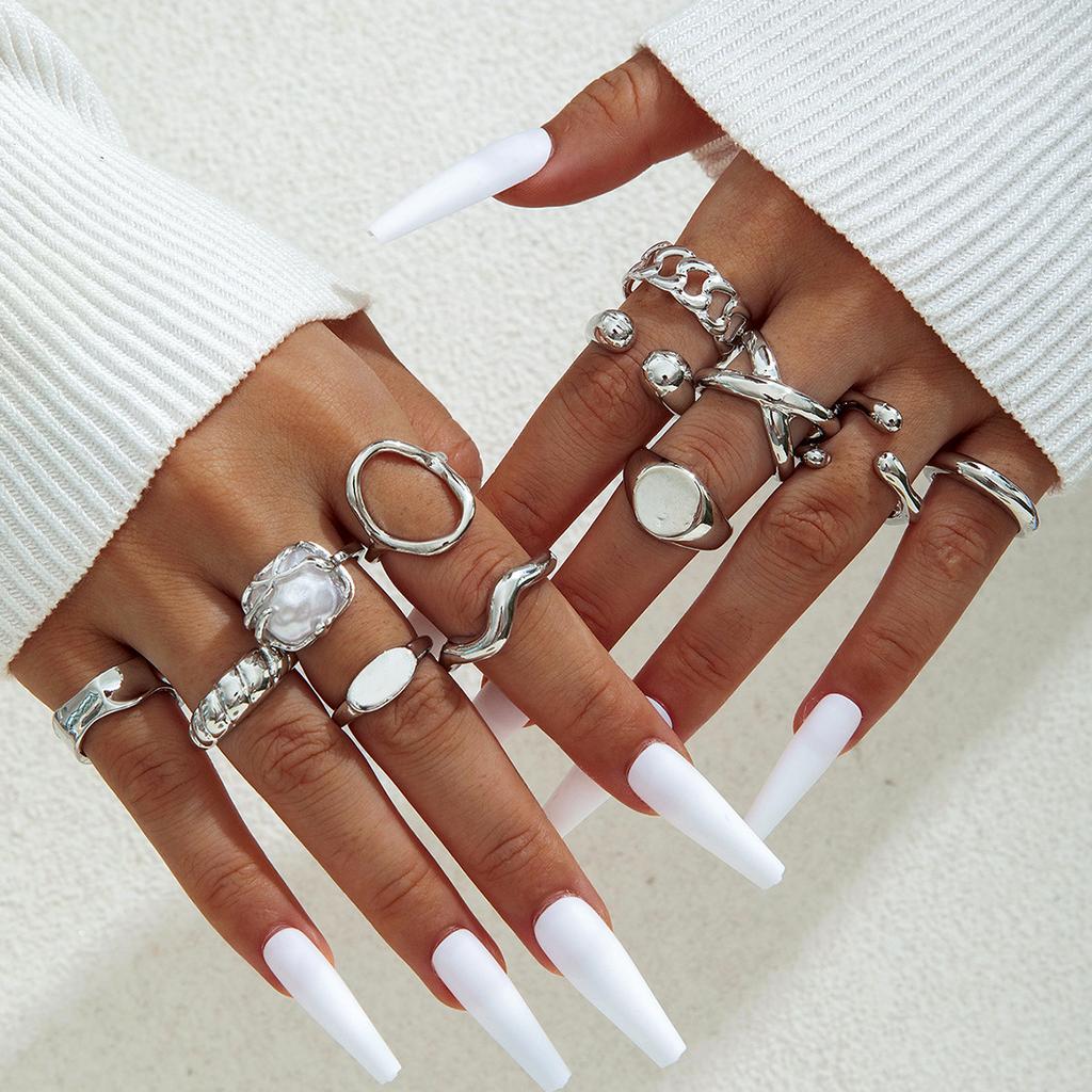 European and American Ethnic Style Carved Feather turquoise Ring Retro Personality Ring Set Combination Ring Set